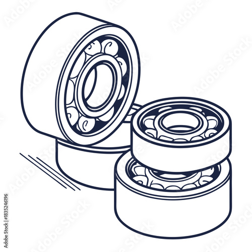 A clean line art illustration of multiple ball bearings stacked and arranged in a dynamic composition against a white background showcasing mechanical precision and industrial components
