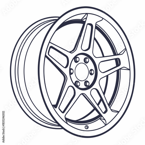 A detailed line art illustration of a single five spoke alloy car wheel rim with a deep dish design and bolt holes on a white background