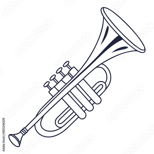 A simple clean line art illustration of a brass trumpet with valves and a bell presented against a plain white background symbolizing music and performance