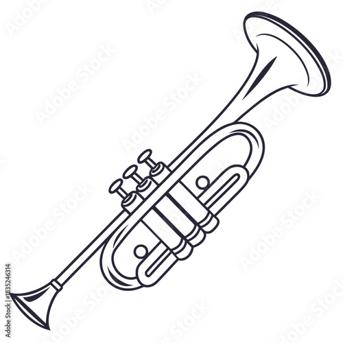 A simple line drawing of a brass trumpet with three valves and a flared bell isolated on a white background representing music and performance