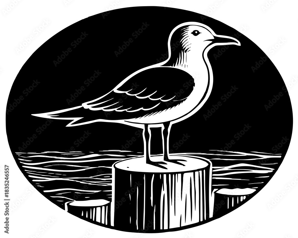 Naklejka premium Seagull perched on a wooden post above the water in a circular design