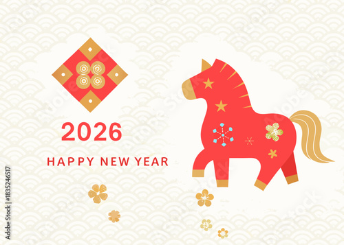 Happy new year 2026 with red horse and traditional chinese patterns
