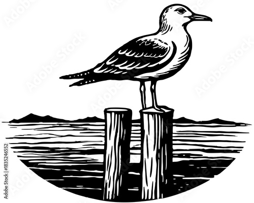 Seagull perched on wooden posts by the water with distant hills