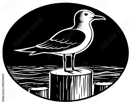 Seagull perched on a wooden post above the water in a circular design