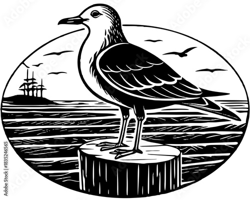 Seagull perched on a post with a sailing ship in the background