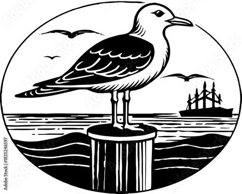 Seagull perched on post with sailboat and birds in circular design