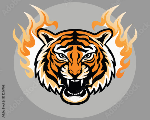 Fierce tiger head with flames illustration