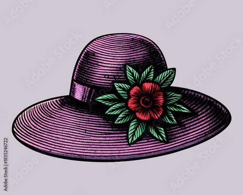 Vintage pink straw hat adorned with a red flower and green leaves