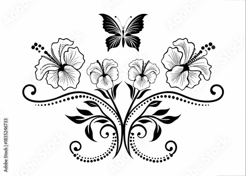 Black and white floral design with butterfly and hibiscus flowers