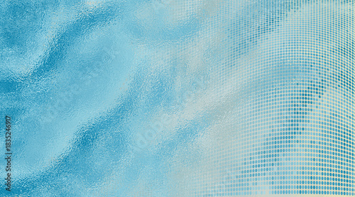 Fotografia Holiday background featuring light blue and cream tones, with a rippling textured glass foil effect overlaid on a halftone dot grid