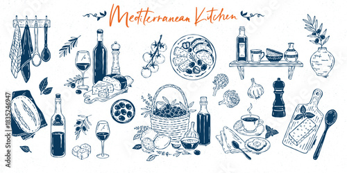 Hand-drawn vector collection inspired by the Mediterranean kitchen. Includes olive oil, wine, cheese, bread, lemons, herbs, and cozy kitchen scenes full of coastal warmth
