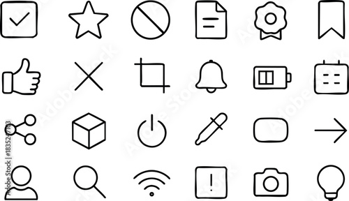 Minimal line art icon set close up showing thin stroke interface symbols arranged in neat grid with black outlines minimal spacing clean layout flat vector art
