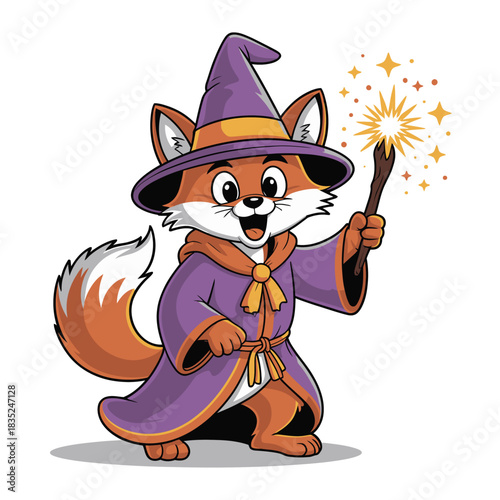 Cute cartoon fox wizard casting a magic spell with sparkling wand.