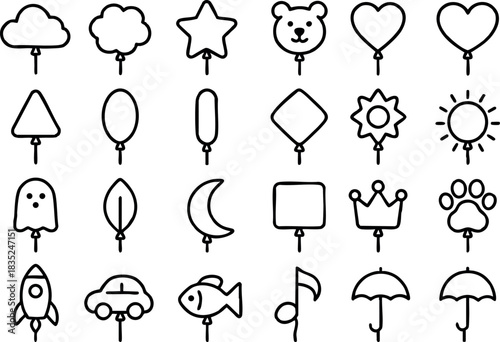Monoline line art balloon icon set with bear star moon rocket car fish heart crown paw umbrella cloud leaf sun gear in tidy grid thin outline