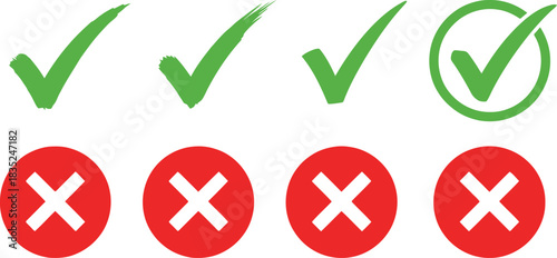Isolated Green Check Mark Symbols and Red Cross Icons on White Background Set