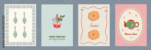 Christmas card designs set. Modern winter template cute hand drawn vector with cocktail, drink, cake, dessert elements. Vintage italian whimsical style. La dolce Vita. Cin cin