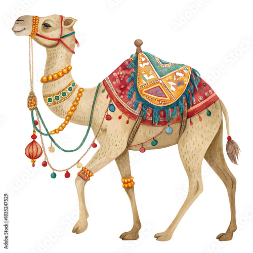 Watercolor camel with ornate saddle and vibrant cultural pattern.
