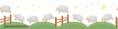 Seamless border with cute cartoon sheep jumping over fence. Counting sheep to fall asleep.