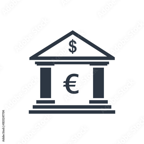 Bank Building Icon with Dollar and Euro Symbols.