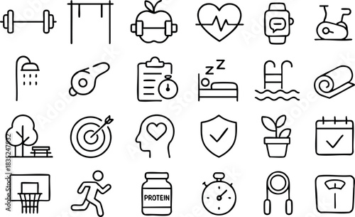 Monoline icon set five by five grid of twenty five minimalist fitness icons including dumbbell pull-up bar heart pulse smartwatch exercise bike running figure protein jar