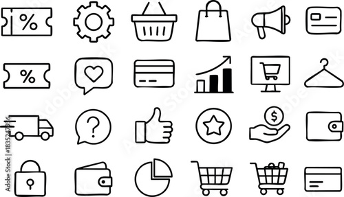 Minimal outline icon set five by five grid of ecommerce symbols with thin rounded strokes showing shopping cart credit card delivery truck wallet pie chart flat
