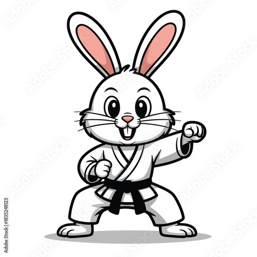 Cute Cartoon Rabbit Warrior Demonstrating Karate Martial Arts.