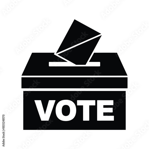 Black and white illustration of a vote ballot box with the word vote
