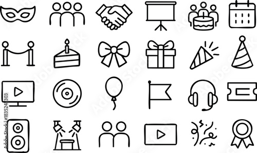 Monoline party icon set 24 symbols in grid view showing mask, cake slice, gift box, balloon, party hat, ticket and speaker, thin black stroke, centered layout