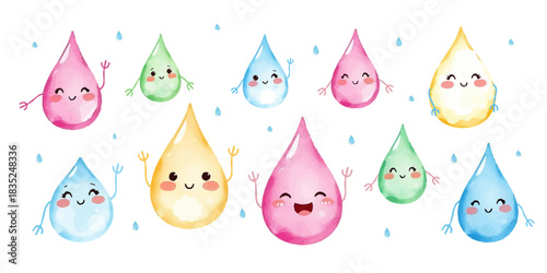 Collection of whimsical watercolor water drops of various shapes and sizes, with fun and cartoony designs, for children's designs, stickers or illustrations for fairy tale books, vector