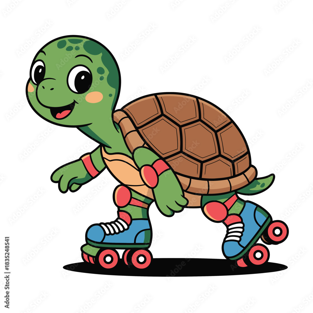 Obraz premium Cute cartoon turtle character wearing roller skates and protective gear.
