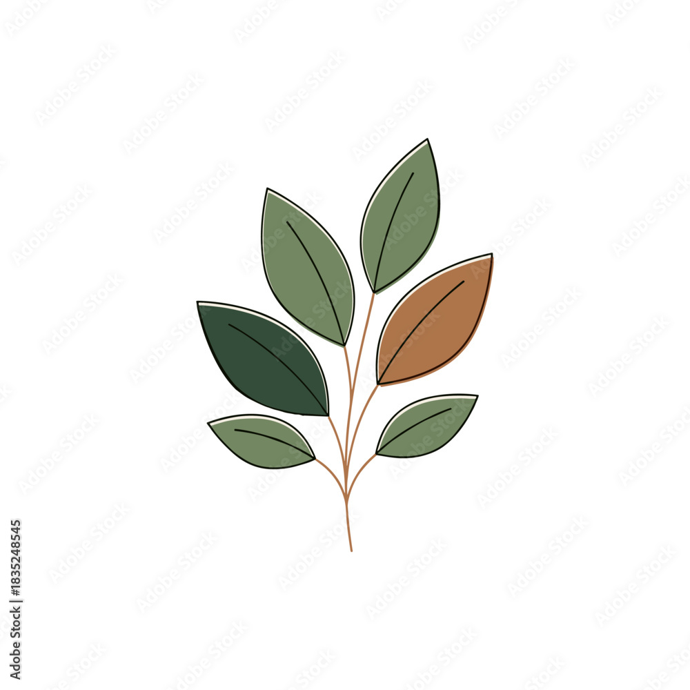 Obraz premium Elegant Branch with Green and Brown Leaves Illustration.