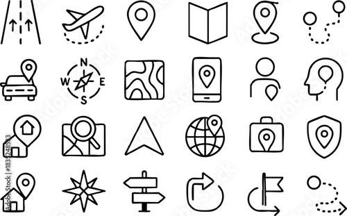 Minimal line icon set close up grid of twenty four navigation and map icons airplane, compass, map pin, smartphone, globe, camera, directional sign, low angle view