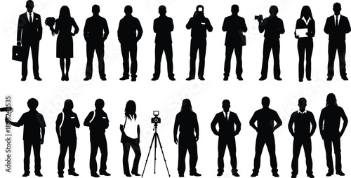 Extensive vector silhouette collection of diverse business people and creative professionals, including executives, photographers, and casual workers, excellent for career and job market design.