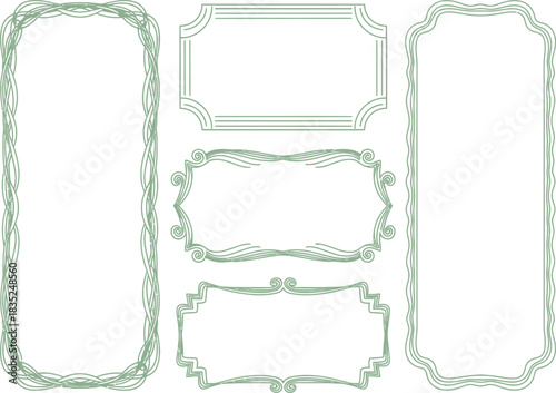 Ornamental sage green frames assortment on transparent background. Elegant design set