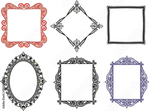 Ornamental Frames Borders Set, Artistic Decorative Shapes, Square, Oval Frames, Isolated