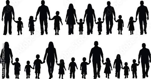 Family silhouette illustration, diverse group, parents and children, holding hands, black and white, vector art, social bond, demographic concept