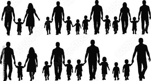 Family silhouette collection, diverse groupings, adults and children, holding hands, black vector, demographic concept, unity, parenting, social bond, structure