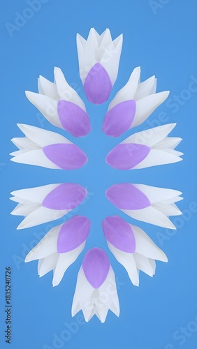 Digital floral illustration featuring white and purple flowers arranged in an oval frame on a blue background