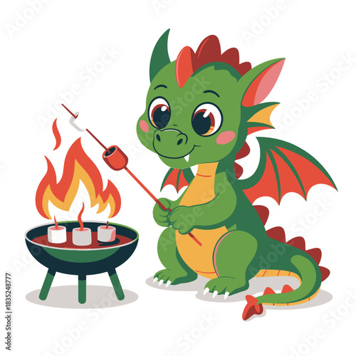 Cute green dragon character roasting marshmallows over a campfire.