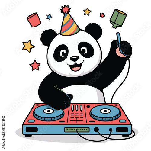Cute panda DJ playing music at a fun party celebration.