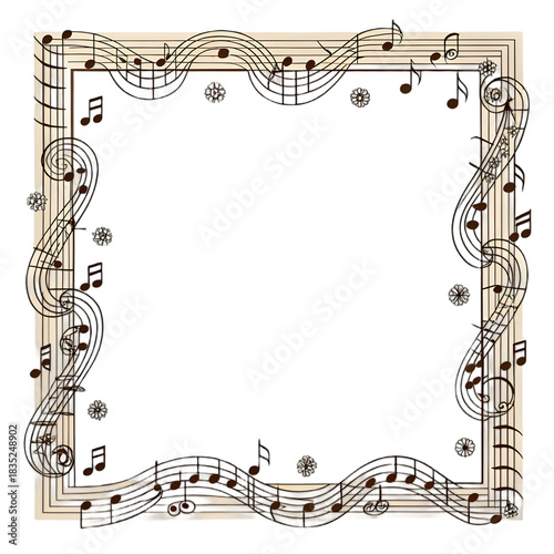 Elegant musical notes and staff decorative ornate border frame