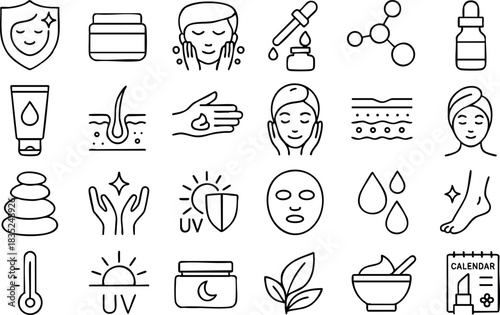 Minimal line art skincare icons showing black stroke cream jar and dropper bottle, face mask looking forward, towel wrap, stacked stones, hand applying cream, uv shield