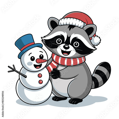 Cute Raccoon and Snowman Celebrating Winter Holidays.