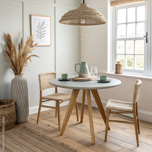 Boho chic dining area with natural light, modern rustic furniture