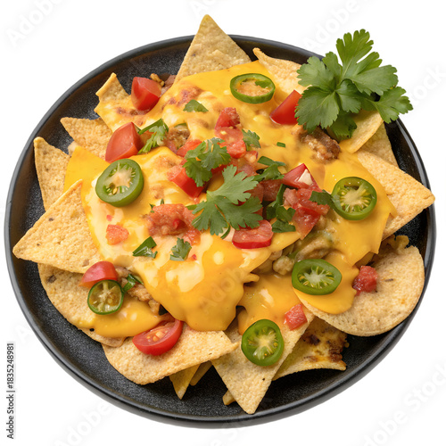 Delicious loaded nachos with melted cheese, tomatoes, and jalapeños