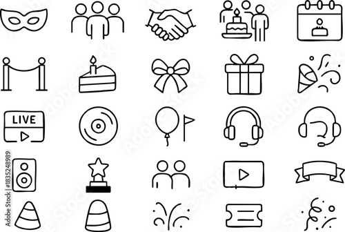 Monoline icon set close up grid showing twenty five party and event symbols with thin black outlines centered composition flat lighting tight grid minimal celebration icons