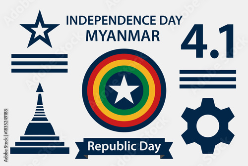Vector illustration for Myanmar Independence Day featuring star, flag stripes, gear, pagoda, and colorful circular emblem design.  
