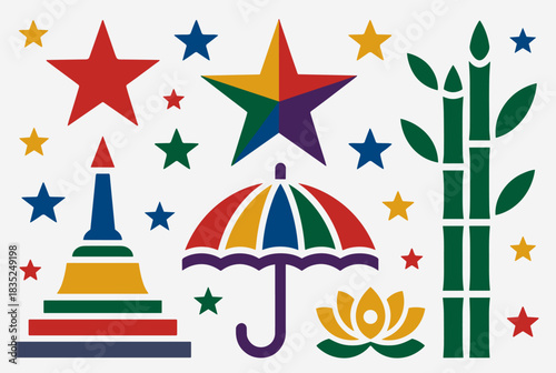 Vector illustration featuring colorful cultural symbols including star, umbrella, lotus, bamboo, and pagoda shapes.  
