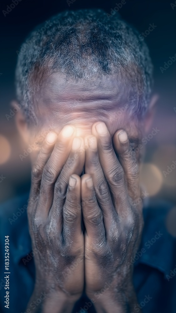 Fototapeta premium Portrait of an elderly African American man covering his face in severe despair and sorrow