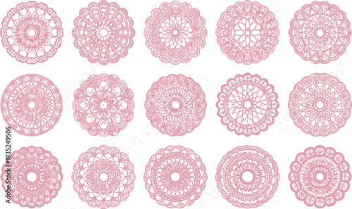 Pink Mandala Set on White, Ornamental Floral Decoration, Circle Lace Pattern Design
